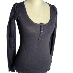 Go International Henley Top Womens Size S Gray Ruffle Detail Long Sleeve